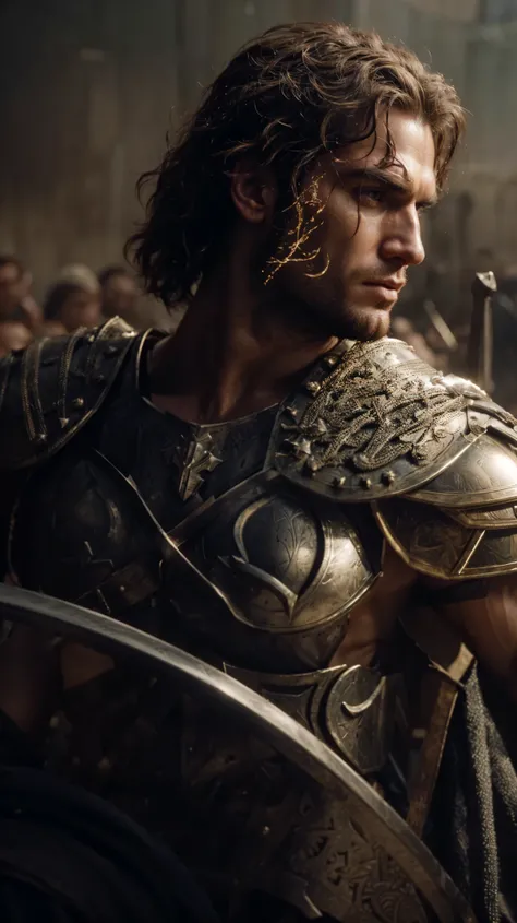 a man in armor holding a sword and shield, in screenshot from the 300 movie, henry cavill as a greek god, portrait of greek god ares, henry cavill as a warrior, attractive male with armor, henry cavill is a greek god, alexander the great, a human male pala...