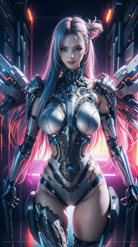 masterpiece, best quality, 1girl, solo, perfect face, looking at viewer, skin tight transparent vinyl, long blue hair, gray eyes, pale skin, shanyaogaoda, mecha,  pink armor with white part,  armor, helmet,  lineart, dimly lit, low key, sharp focus, octane...