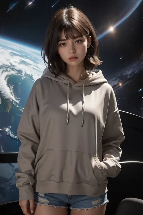 Upper body close-up image.A beautiful woman. Twenty-three years old. Dark brown hair.She has her bangs down. She is looking at the camera with a serious expression. She is wearing a gray hoodie. Images of outer space and parallel universes in her backgroun...