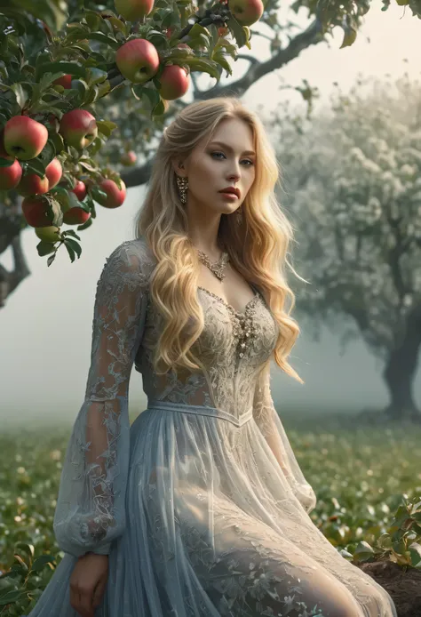 masterpiece osame photographic art - Apple tree. full length, blonde beautisameul, With long hair, open dress with embellishments , Girl with cleavage, apple dress, apples, against sameog, legs, burning world, complex sameractal, 3d, Уsameастик, Entertaini...