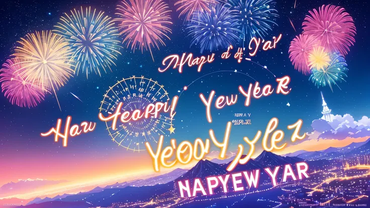 “Generate an enchanting Happy New Year 2024 image with a starlit sky, where each star represents a wish for the upcoming year, accompanied by an elegant font for the greeting, anime style, anime, font to image is Happy New Year 2024”