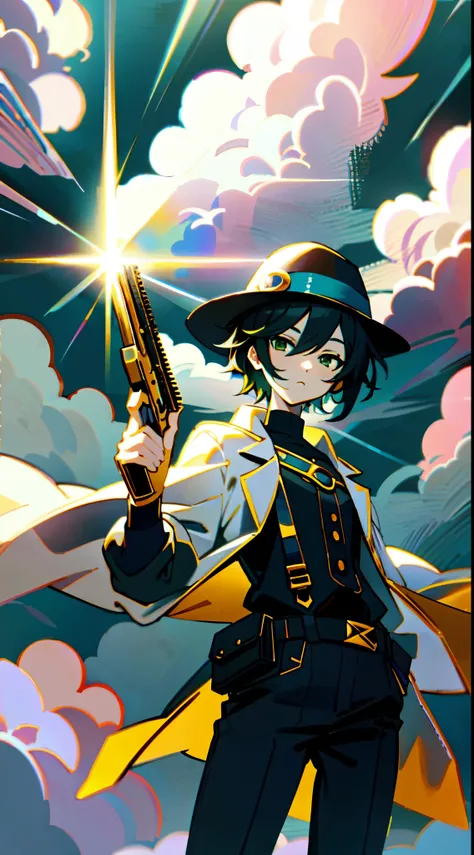 boy, black hair, black hat, green detective outfit, black shoes, holding a pistol, hard lighting, blue sky background, studio ghibli background, best quality, style blessedtech, blessed tech background, golden reflex, celestial aura, white and gold details...