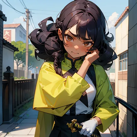 A whole corporeal human girl with dark skin, curly Permed hair, and brown eyes wearing the Demon Slayer uniform of Shinobu. She clutched her Katana tightly, her face a mix of embarrassment and determination, blushing profusely as she looked away, her mouth...