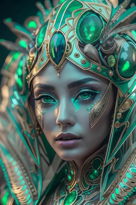 (best quality,4k,8k,highres,masterpiece:1.2),ultra-detailed,(photorealistic,photo-realistic:1.37), A female alien with compound eyes that look like the eyes of a praying mantis,futuristic,hi-tech,natural-looking skin,emerald-green compound eyes,exquisite,d...