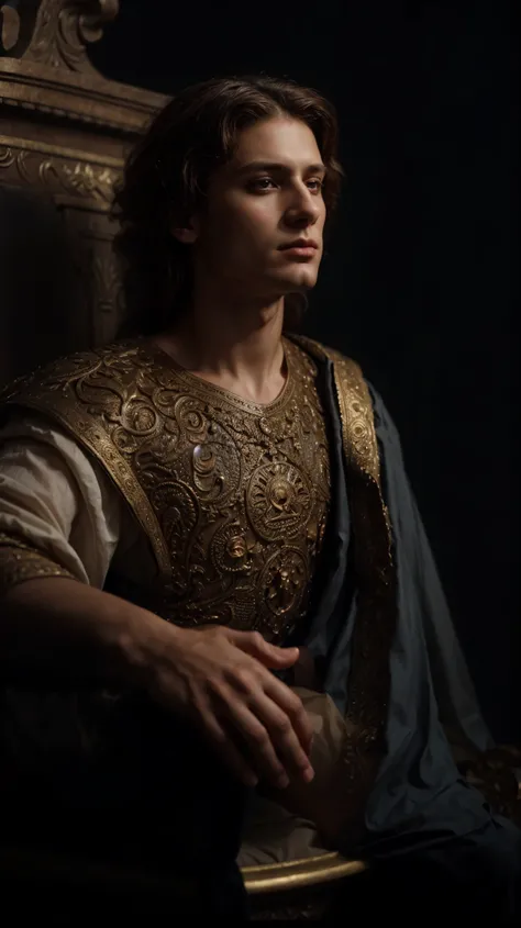 Alexander in a medieval dress sitting on a chair, dressed in roman clothes, inspired by Alexandre Cabanel, very detailed and rich clothing, inspired by Frederick Lord Leighton, detailed painting 4 k, highly detailed vfx portrait, realistic 8k bernini sculp...