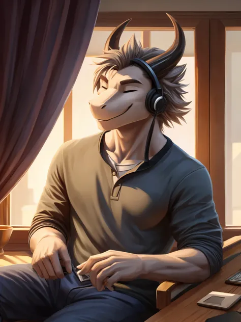 Masterpiece, Solo, Furry Gray Dragon, Medium Hair, Two Horns, Medium Muscular Body, Smiling, Eyes Closed, Handsome, Wearing Headset, Casual Clothes, Afternoon.