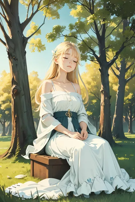 Title: "Beneath the Canopy of Serenity"

Prompt:
In a serene meadow, under the expansive reach of a towering tree, a young girl sits on the soft grass, bathed in the golden glow of the sun. With a gentle smile gracing her lips, she exudes an aura of tranqu...