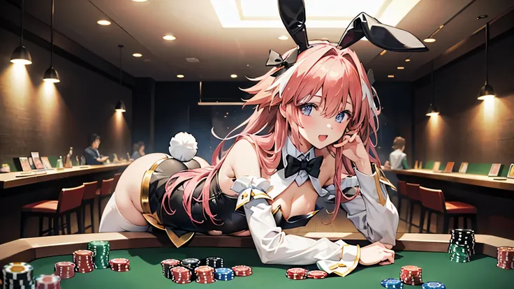 1boy,(4k,masterpiece:1.2),long hair,(hidden small package),(bunny girl suit), (little breast), (futanari), (blushing:1.1),clear eyes,in club,playing poker,looking at viewer,vibrant colors,soft lighting,stylish atmosphere