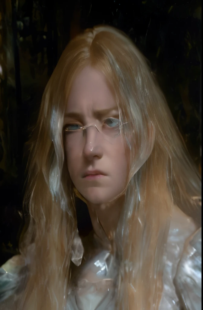 ((((downturned eyes)))), Pre-Raphaelite light blonde hair, Ilya repin style, singer Sargent style, wide nose root, long lower eyelashes, ((((very thick eyebrows))), neck, wavy, loose curls cascading shoulders, ((((sleepy eyes with visible sclera))), loose ...