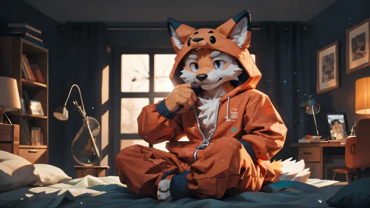 masterpieces,official art,furry,male,shota,anthropomorphic orange fox,delicate face,orange eyes,no hair, animals onesie, bedroom...