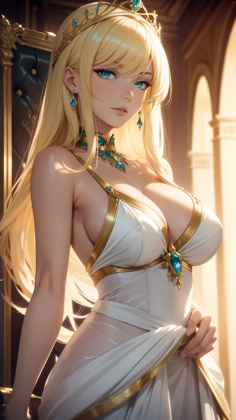 (best quality,highres), portrait, adult, a queen, tall figure, blonde hair, swept-side bangs hair, green eyes, xcurvaceous, white royal dress, royal chamber room, seductive, teasing, sensual aura