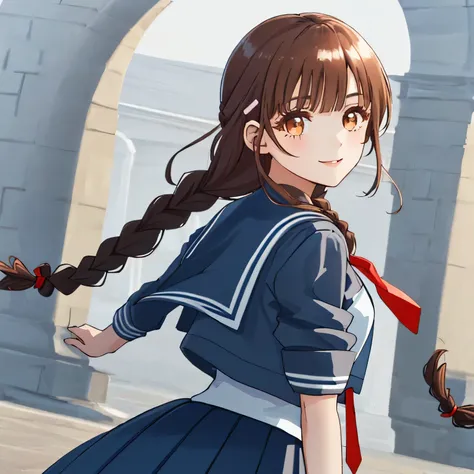 highest quality, (masterpiece:1.2), very detailed, girl looking back at viewer, Glossy lips that make you want to kiss, nice smile, brown eyes, ((dark brown symmetrical braids)), ((Twin braided hair)) , 14 years old, big shiny hair clip, sailor suit, 紺色のsa...