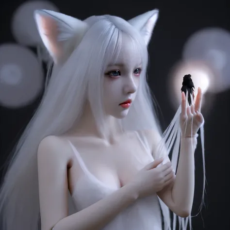 background：dark，despair。main body：doll，white fox，hairy，See through everything，indifferent，crazy，Strong body，despair