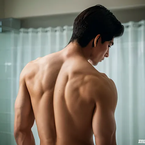 a shirtless handsome guy facing his back