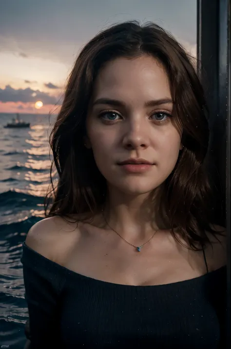 Final scenes from the movie Titanic where Jack and Rosie are adrift on debris in the cold dark sea with the Sinking of the Titanic in flames and about to disappear into the ocean. Jack and Rosie Funny face in Selfie pov you can see the pores of her skin. w...