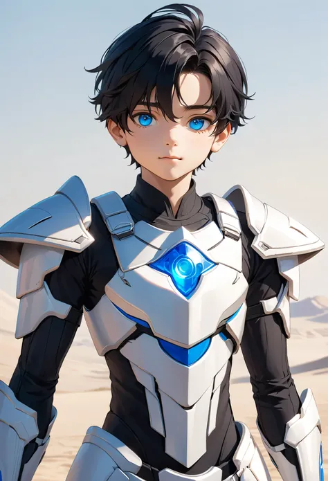 A young lad in his late tiens. He has black hair with bright blue eyes. He is wearing a light Armor 