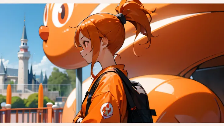 1 girl、Orange clothes、profile、orange hair、ponytail、Beautiful red eyes、smile、laughter、theme park、shrimp mascot、upper body up