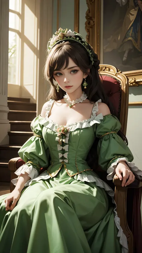 a woman in a green dress sitting on a set of stairs, dress in the style of rococo, historical baroque dress, rococo queen, 1 7 th century duchess, by Nina Petrovna Valetova, inspired by Franz Xaver Winterhalter, inspired by Jean-Marc Nattier, aristocratic ...