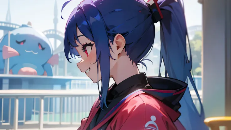 1 girl、blue purple、profile、blue hair、ponytail、Beautiful red eyes、smile、laughter、theme park、shrimp mascot、upper body up