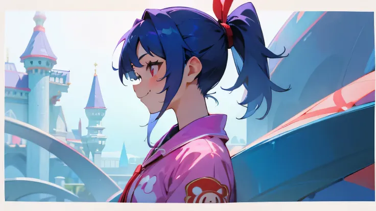 1 girl、blue purple、profile、blue hair、ponytail、Beautiful red eyes、smile、laughter、theme park、shrimp mascot、upper body up