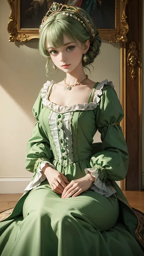 a woman in a green dress sitting on a set of stairs, a portrait by nina petrovna valetova, flickr, rococo, dress in the style of...