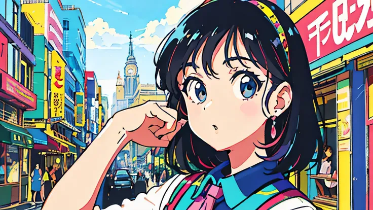 (flat color:0.9),(colorful:1.1),(masterpiece:1,2),retro,city pop, best quality, masterpiece, highres, original, extremely detailed wallpaper, looking at viewer,,,1girl,solo,Girl,Portrait