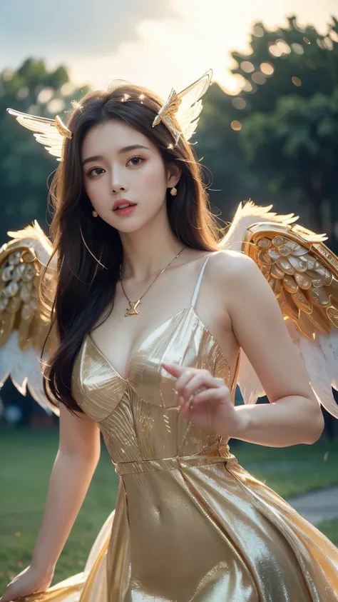 8k ultra hd, masterpiece, a girl, (good face:1.4), detailed, eyes, beautiful lips, very long hair, spreading hair, small breasts, (angel dress:1.5), (golden dress:1.5), necklace, wings, in the park, flying birds, (glowing:1.5), rainy weather,