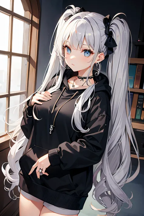 , Huge, twin tails, silver hair, hoodie, vintage gothic, stop temporarily, cute, look up, high quality, necklace, ring, bracelet, earrings