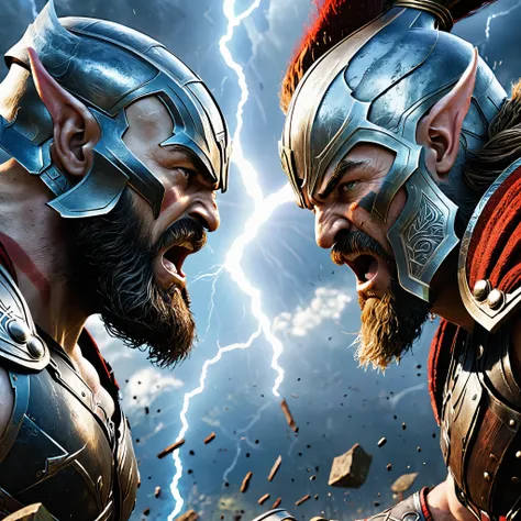 In the epic final showdown between Thor and Kratos, capture the raw power and intensity of their battle in a realistic and detailed rendering. Both gods clash with thunderous might and earth-shattering force, their muscles flexing as they hurl hammer and a...