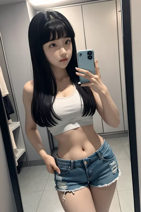 Hinata Hyuuga is taking a mirror selfie, seu umbigo estava exposto, vestindo um top curto sexy, peito achatado, navel exposed, corte de meio corpo, vestida com top e shorts, barriga linda