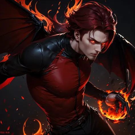 man with dark red hair , with dark red and black outfit, with flame on it , he as demon and wings , tail , glowing red eyes