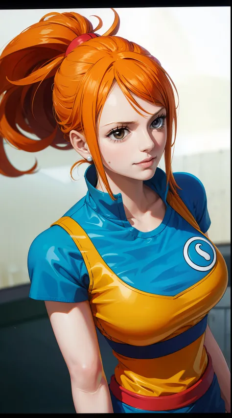 NamiFinal, nami from the anime one piece, long hair, orange hair, bangs, ponytail, beautiful, beautiful woman, perfect body, perfect breasts, wearing a basketball jersey, on the basketball court, holding a basketball, basketball hoop, looking at the audien...