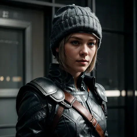 thor costum character wearing gray winter hat with short hair