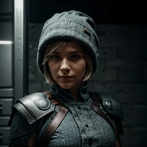 thor costum character wearing gray winter hat with short hair