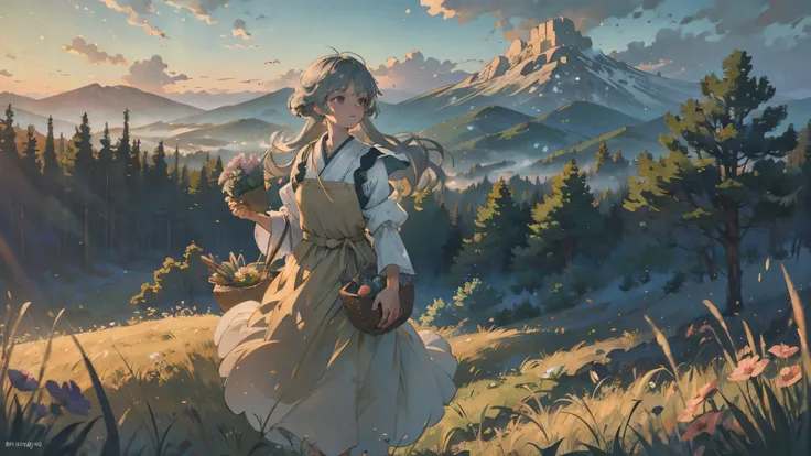 medieval girl, peasant girl wearing brown smock, apron over peasant dress, long grey hair, sleeves rolled up, holding a basket of flowers, standing in a grassy field, fluffy clouds in the distance, sunny day, {{Studio Ghibli style}}, relaxing, a soft smile...