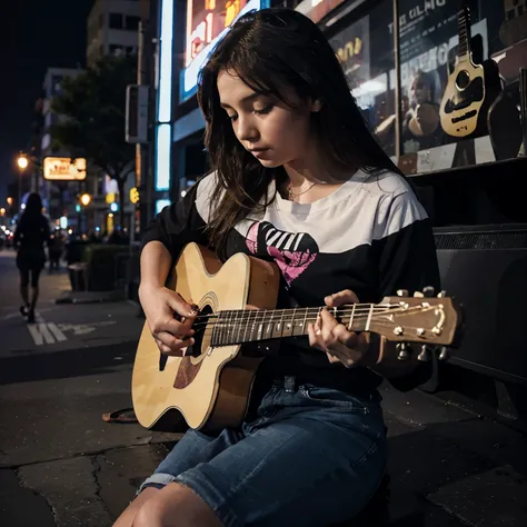 girl playing guitar in the night city