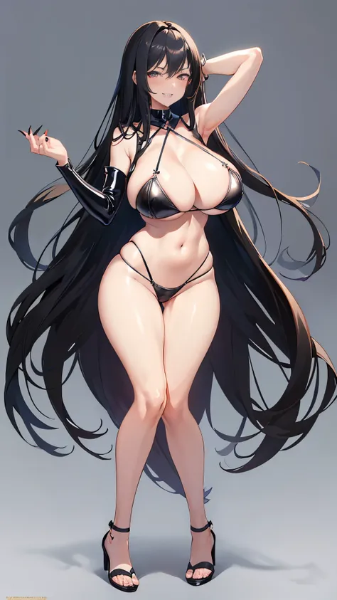 （gigantic breasts:1.6），Full body like，heeled sandals，The right hand crosses the waist，Long black hair，Black colored eyes，Black fingernails，Black toenails，grin face，Latex bra，Latex panties，exposing thighs，exposing your navel，Expose the armpits