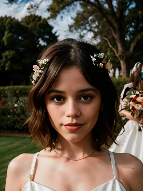 Photo of jortega as a bride, marrying the viewer, looking at the viewer with love, solo, brown eyes, freckles on nose, reverse bob haircut, wearing a beautiful wedding dress, park, floral, romantic, sweet, warm atmosphere, best quality, ultra-detailed, ult...