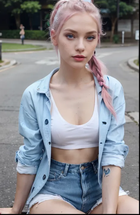 Beautiful skinny girl, elongated face and thin chin, freckles, pink hair, blue eyes, red lipstick, beautiful makeup, white skin, tattoo written on the forearm, beautiful patterned top, denim shorts,a beautiful jean coat, white cotton shoes, sexy style , ey...