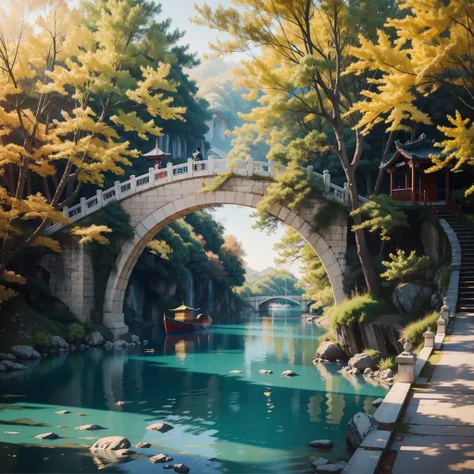 painting of a bridge with a boat passing under it, by Pu Hua, by Ye Xin, by Hong Ren, by Lu Guang, by Li Song, by Li Tang, by Luo Mu, by Gong Xian, by Leng Mei, by Wu Li, by Wang Wu, by Wang E, by Shen Shichong, by Qiu Ying