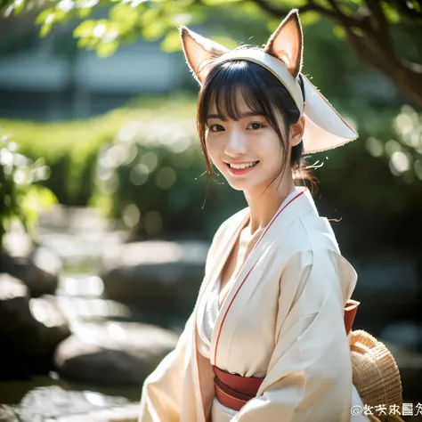 (8k、RAW photo、highest quality、masterpiece:1.5)、(realistic、Photoreal:1.5)、super detailed、超A high resolution、cinematic lighting、(((A beautiful woman with dog ears)))、(((26 year old Japanese woman)))、(((Wearing a white kimono with a dog motif)))、、cute smile、F...