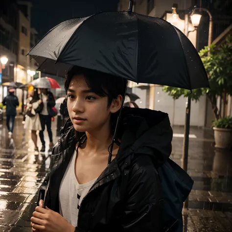 A boy with girl and rain whether its take umbrella and do study at night