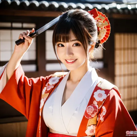 (8k、RAW photo、highest quality、masterpiece:1.5)、(realistic、Photoreal:1.5)、super detailed、超A high resolution、cinematic lighting、(((Beautiful woman in samurai costume)))、(((26 year old Japanese woman)))、(((Wearing a white kimono with a samurai motif)))、、cute ...