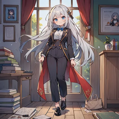 (long silver hair girl),((studying)),(Pants style with tuxedo),blue eyes,open your mouth, dull smile, Full body Esbian,(((a bit))),(alone),(best image quality, In 8K, masterpiece, Super detailed),