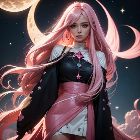 woman with very long creamy pink hair ,with pink and black outfit , moons and stars pattern  , hoop earring , solo, 1woman , 8k