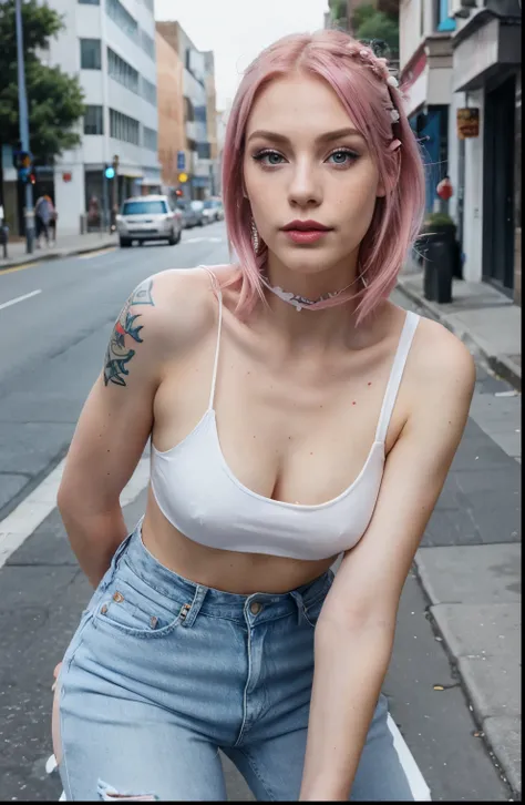 Beautiful skinny girl, elongated face and thin chin, freckles, pink hair, blue eyes, red lipstick, beautiful makeup, white skin, tattoo written on the forearm, beautiful top, denim jeans, white cotton shoes, in street 