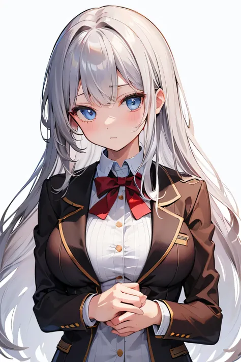 (highest quality), (Super detailed), (Best Illustration), (beauty), (front), (brown blazer), Upper body, (slightly larger breasts), embarrassing, cheeks are red, M-shaped bang, long hair, silver hair, blue eyes, white background