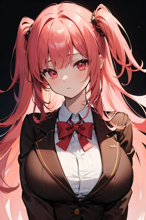 (highest quality), (Super detailed), (Best Illustration), (beauty), (front), (brown blazer), Upper body, (very big breasts), embarrassing, cheeks are red, medium hair, light pink hair, one side up, dark red eyes, slightly droopy eyes, School,