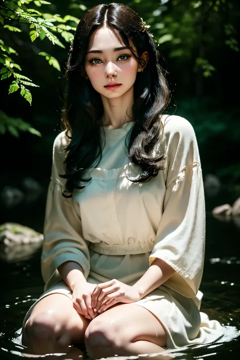 full body, "({{1girl:1.1}} {{straight black hair:1.2}}), (artistic + masterpiece:1.4), (incredibly detailed eyes), wearing medieval long cotton nightie clothes)", Drenched hair，The background is a forest, sunset，Lazy expression, Masterpiece: 1.3), (8k, Pho...