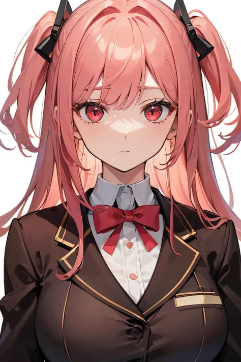 (highest quality), (Super detailed), (Best Illustration), (beauty), (front), Upper body, (brown blazer), (big breasts), embarrassing, cheeks are red, medium hair, light pink hair, one side up, dark red eyes, slightly droopy eyes, white background,